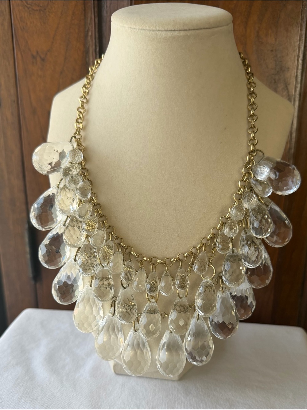 Gold Tone Clear Faceted Teardrop Statement Chandelier Bib Necklace